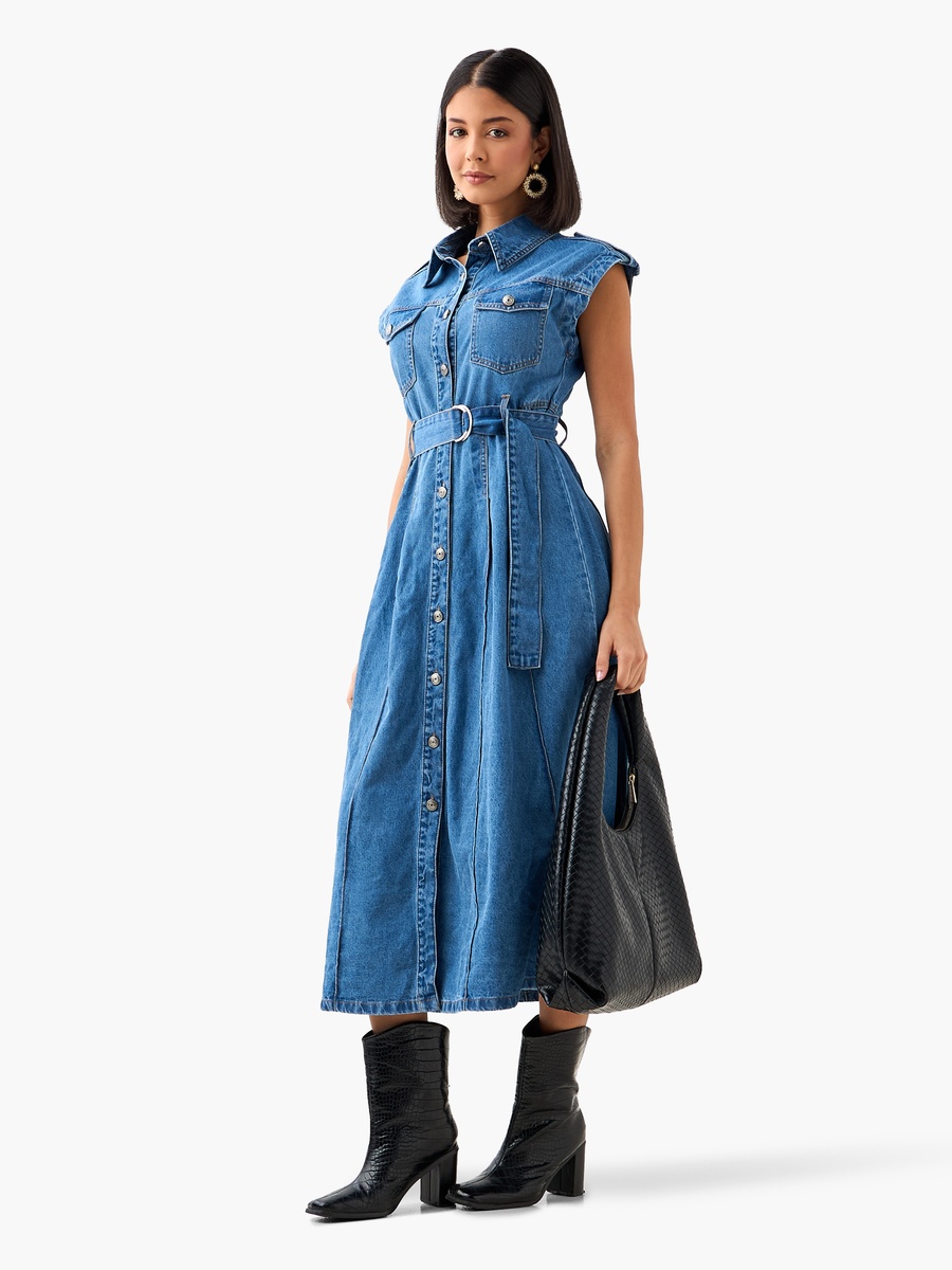 Midi Cotton Denim Shirt Dress with Belt