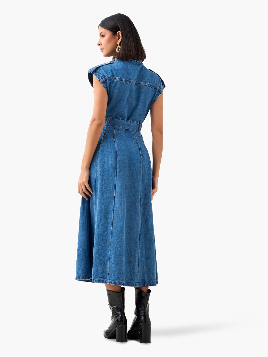 Midi Cotton Denim Shirt Dress with Belt