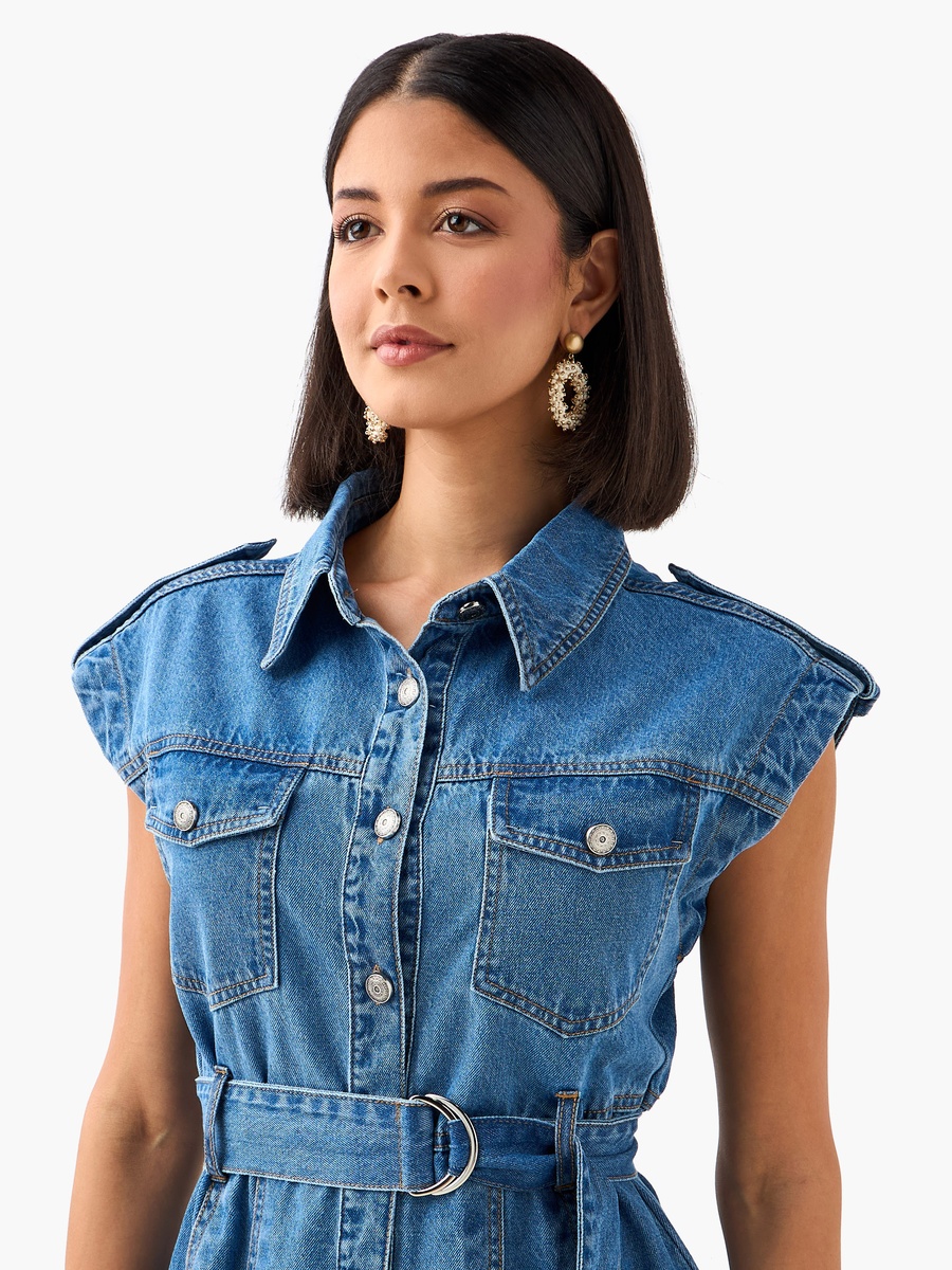 Midi Cotton Denim Shirt Dress with Belt