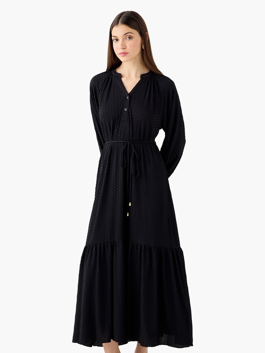 Textured Maxi Dress with Tie-Up Detail