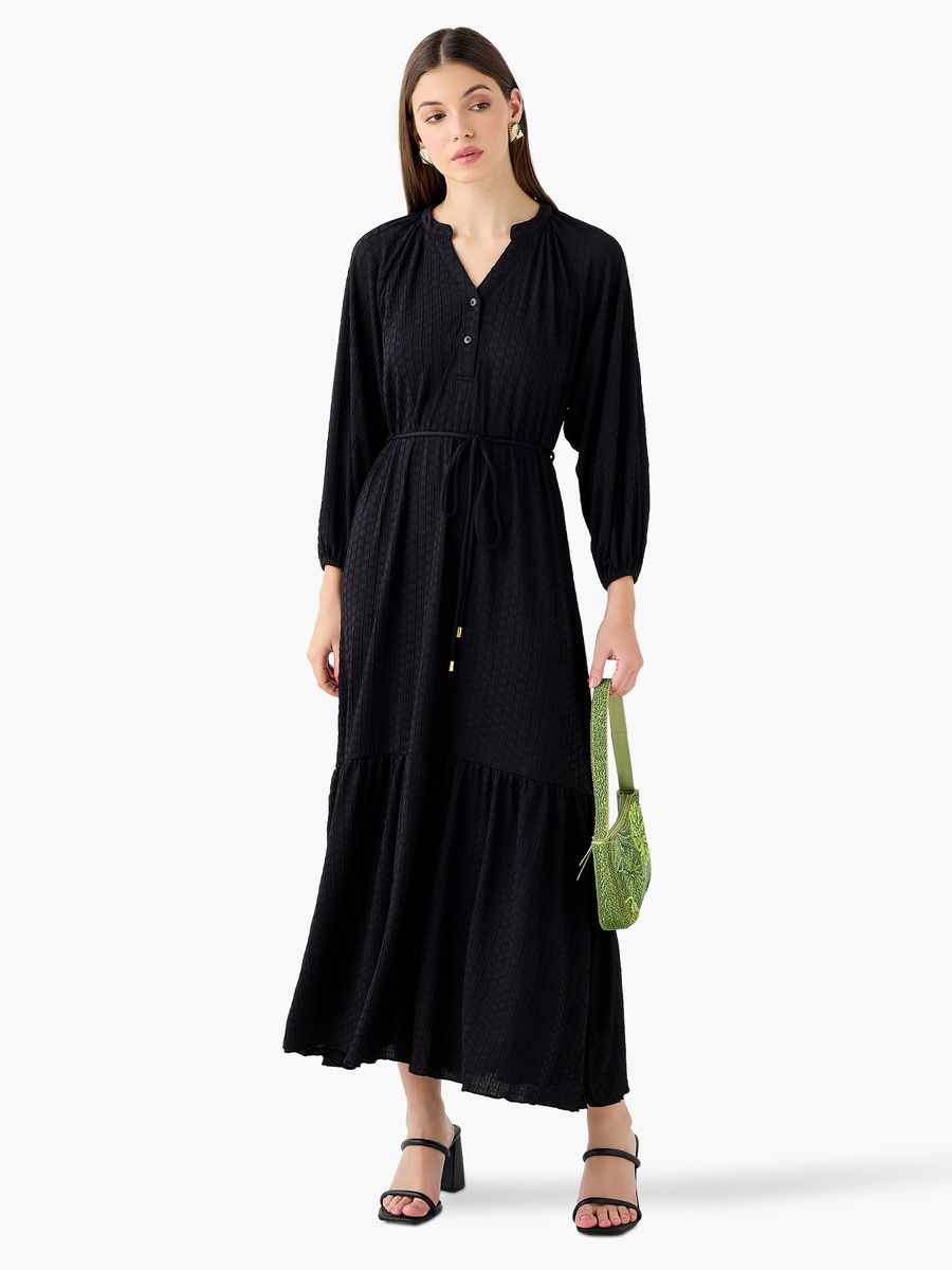 Textured Maxi Dress with Tie-Up Detail