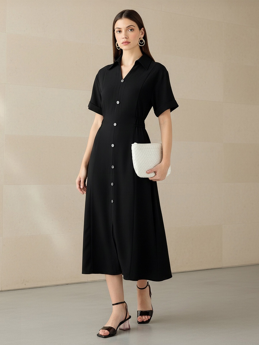 Shirt Style Midi Dress with Front Slit