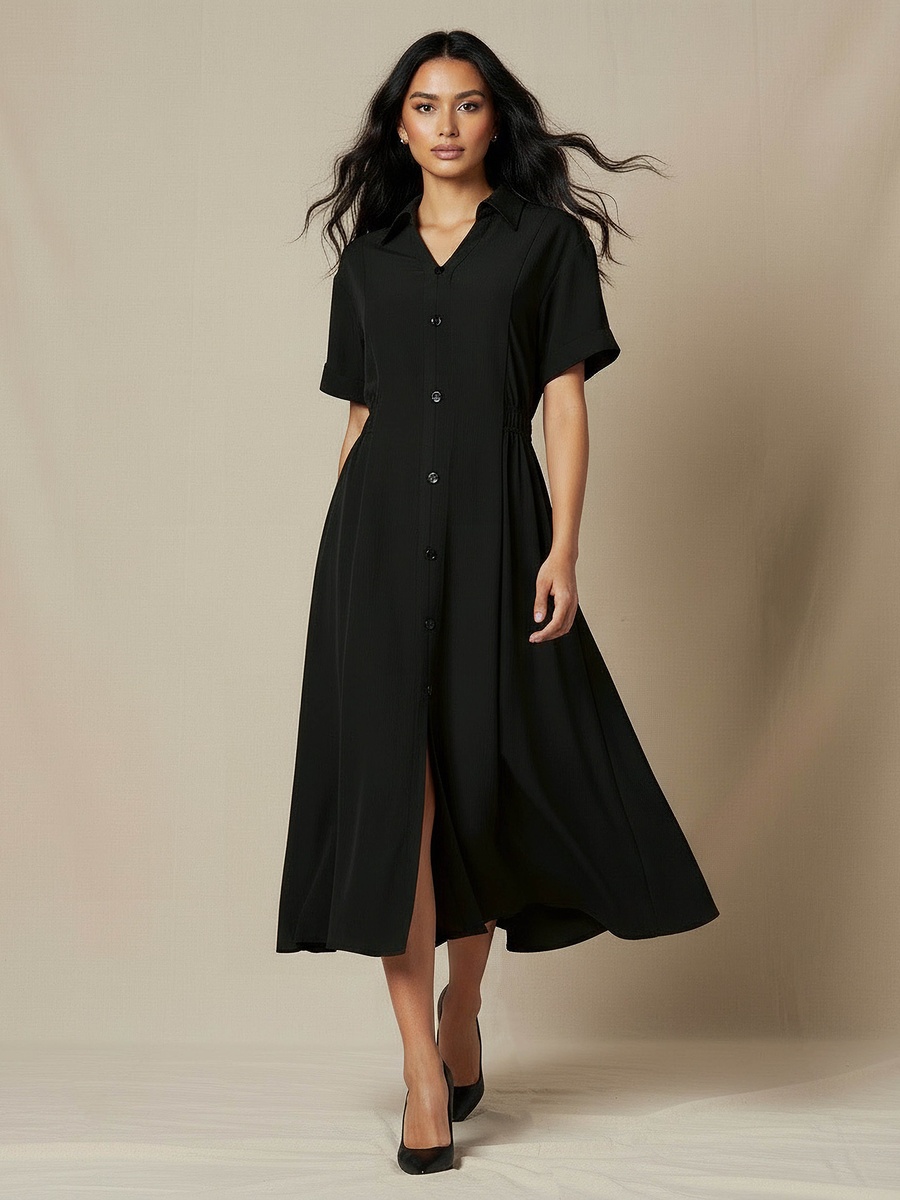 Shirt Style Midi Dress with Front Slit