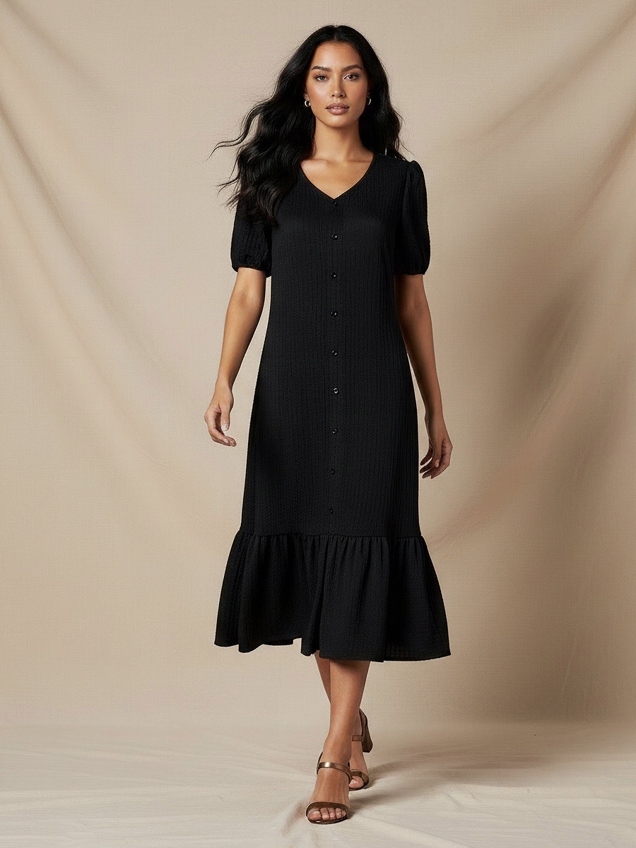 Textured Midi Shirt Dress with Puff Sleeves