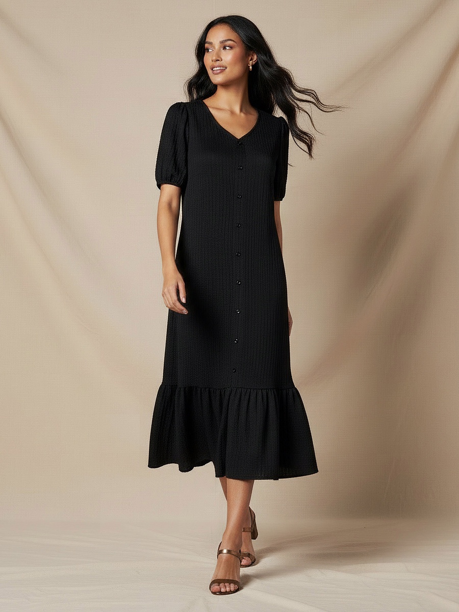 Textured Midi Shirt Dress with Puff Sleeves