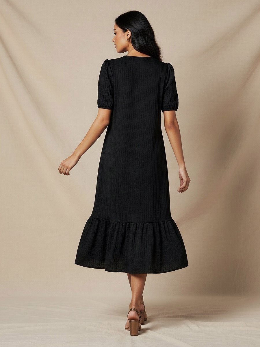 Textured Midi Shirt Dress with Puff Sleeves
