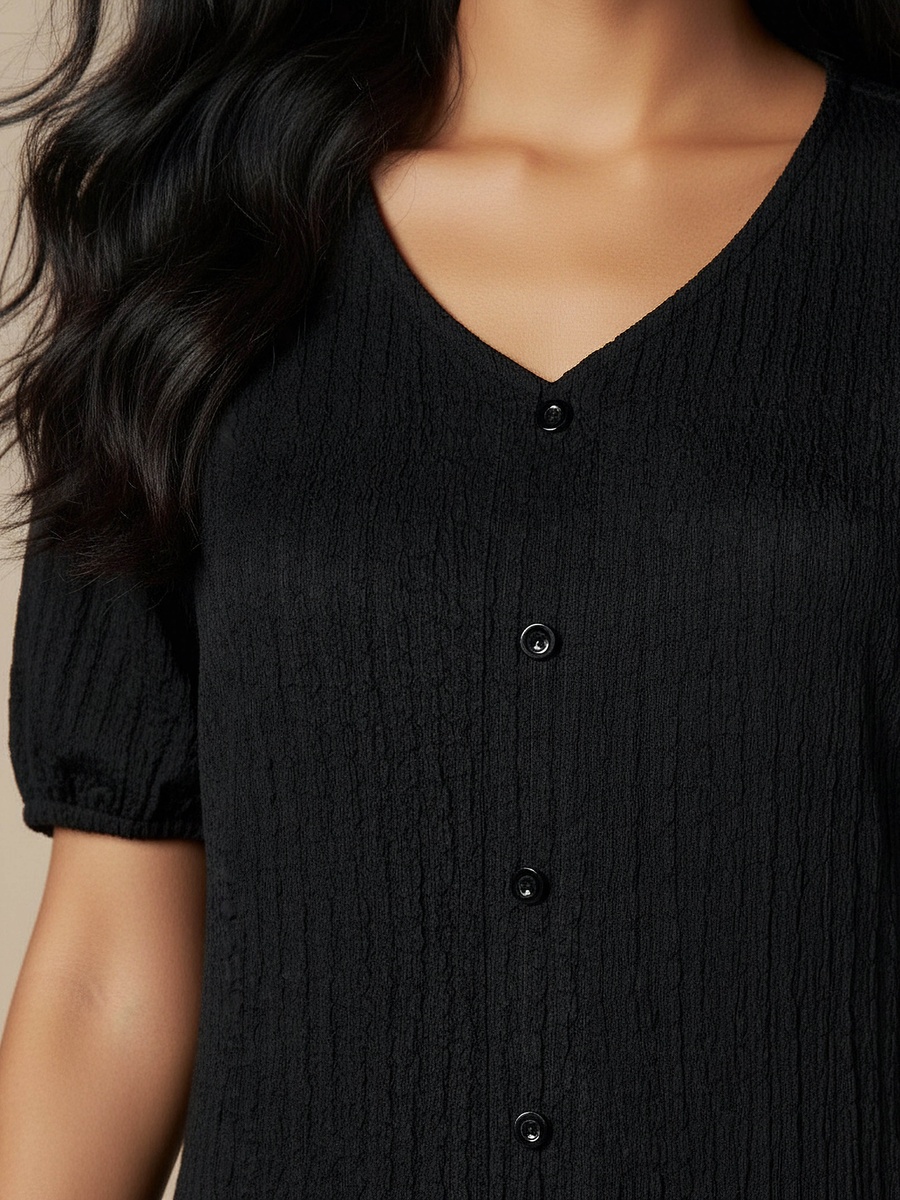 Textured Midi Shirt Dress with Puff Sleeves