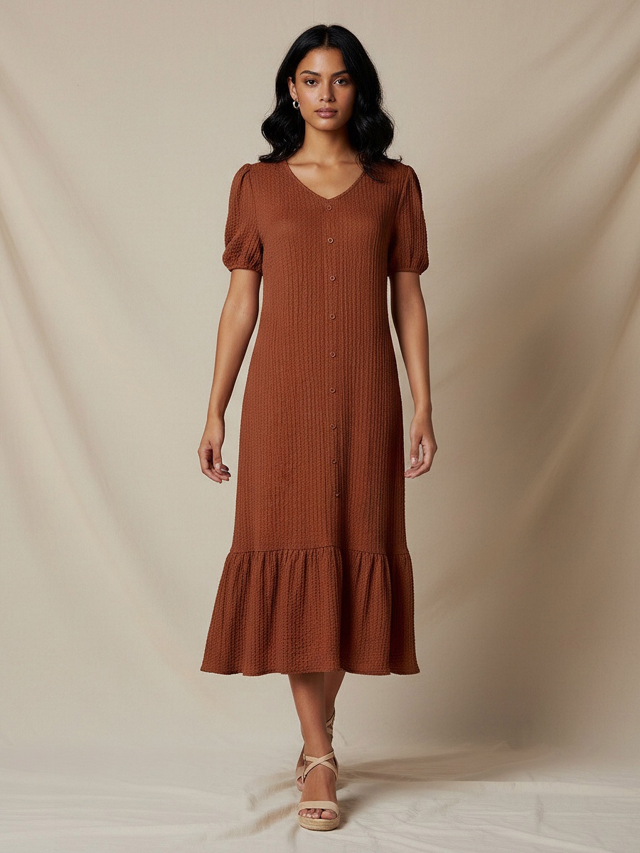 Textured Midi Shirt Dress with Puff Sleeves