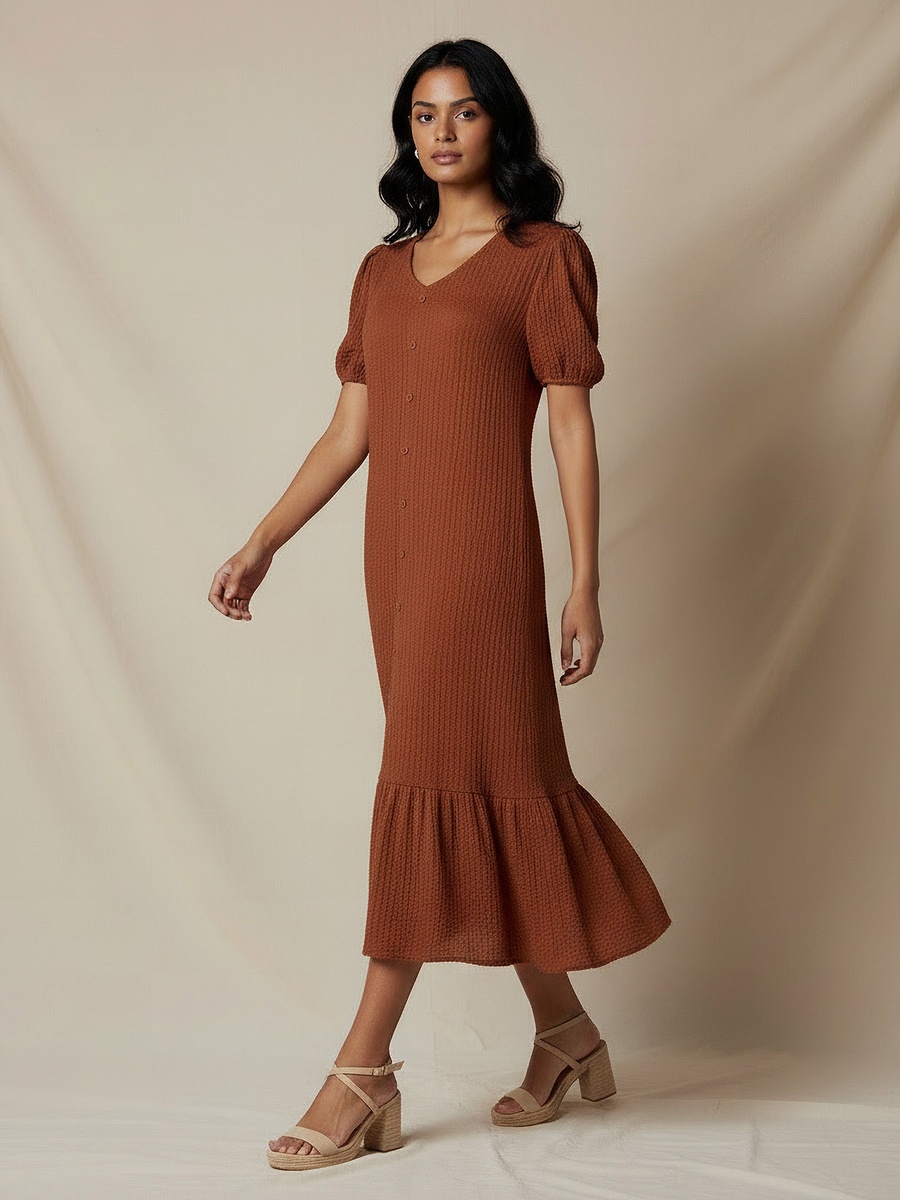 Textured Midi Shirt Dress with Puff Sleeves
