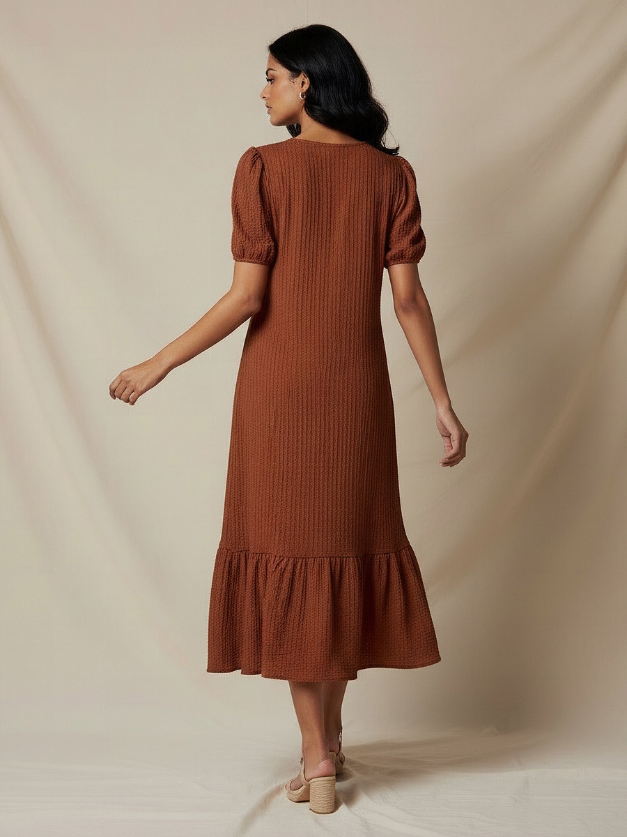 Textured Midi Shirt Dress with Puff Sleeves