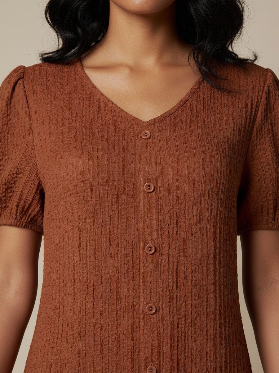 Textured Midi Shirt Dress with Puff Sleeves
