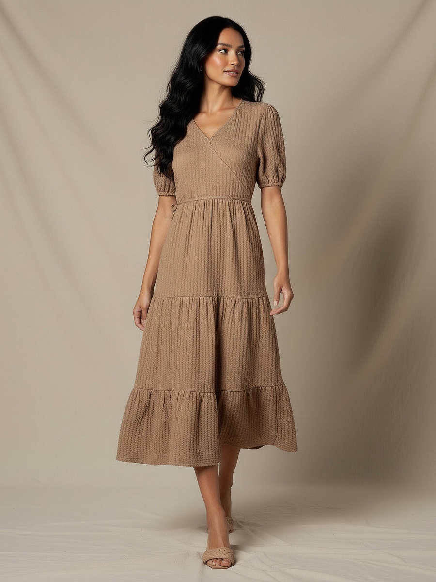 Midi Textured Tiered Dress with Short Puff Sleeves