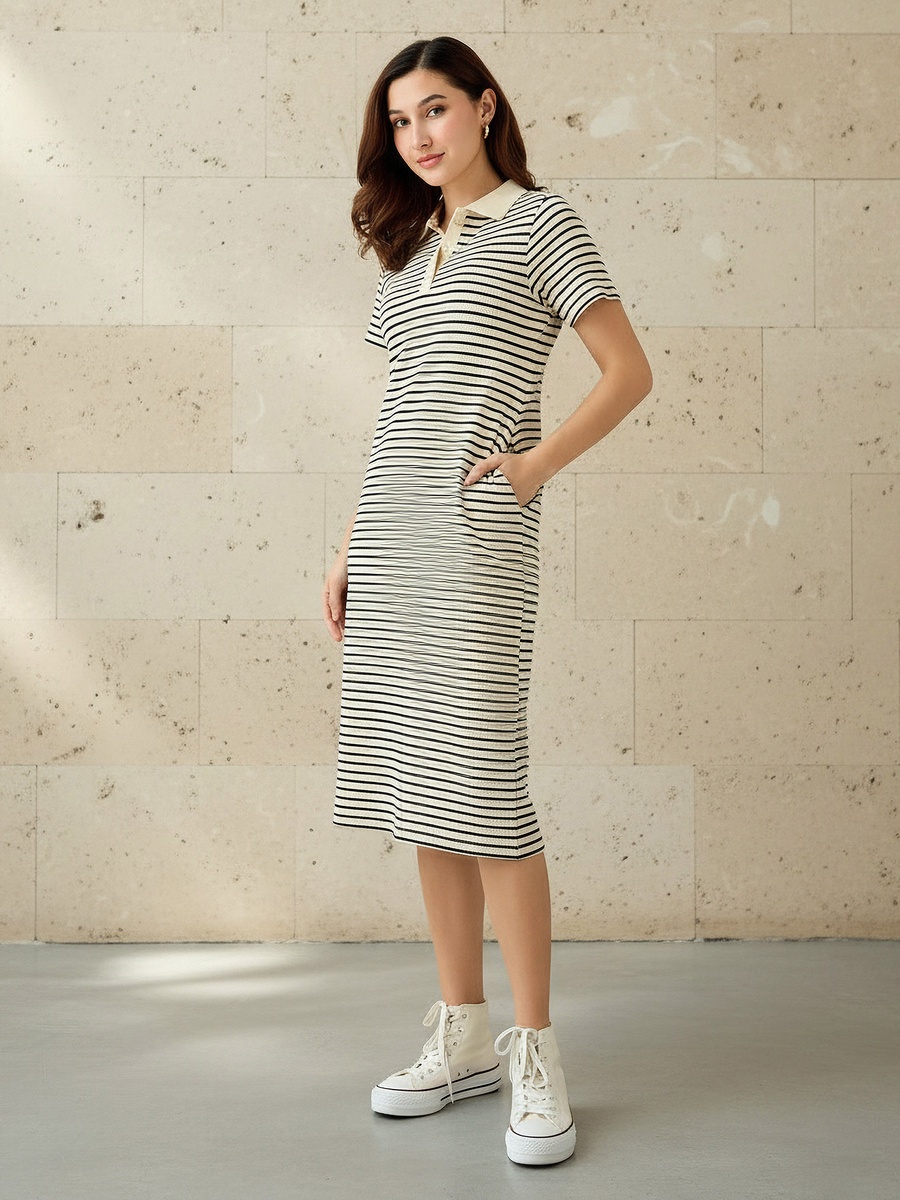 Striped T-Shirt Dress with Contrast Collar