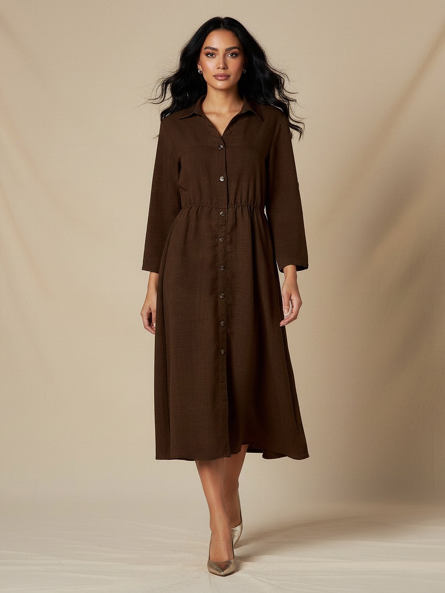 Midi Linen Shirt Dress with 3/4 Sleeves
