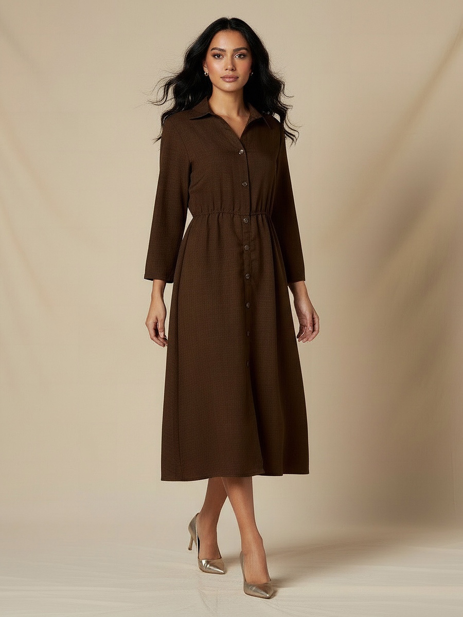 Midi Linen Shirt Dress with 3/4 Sleeves