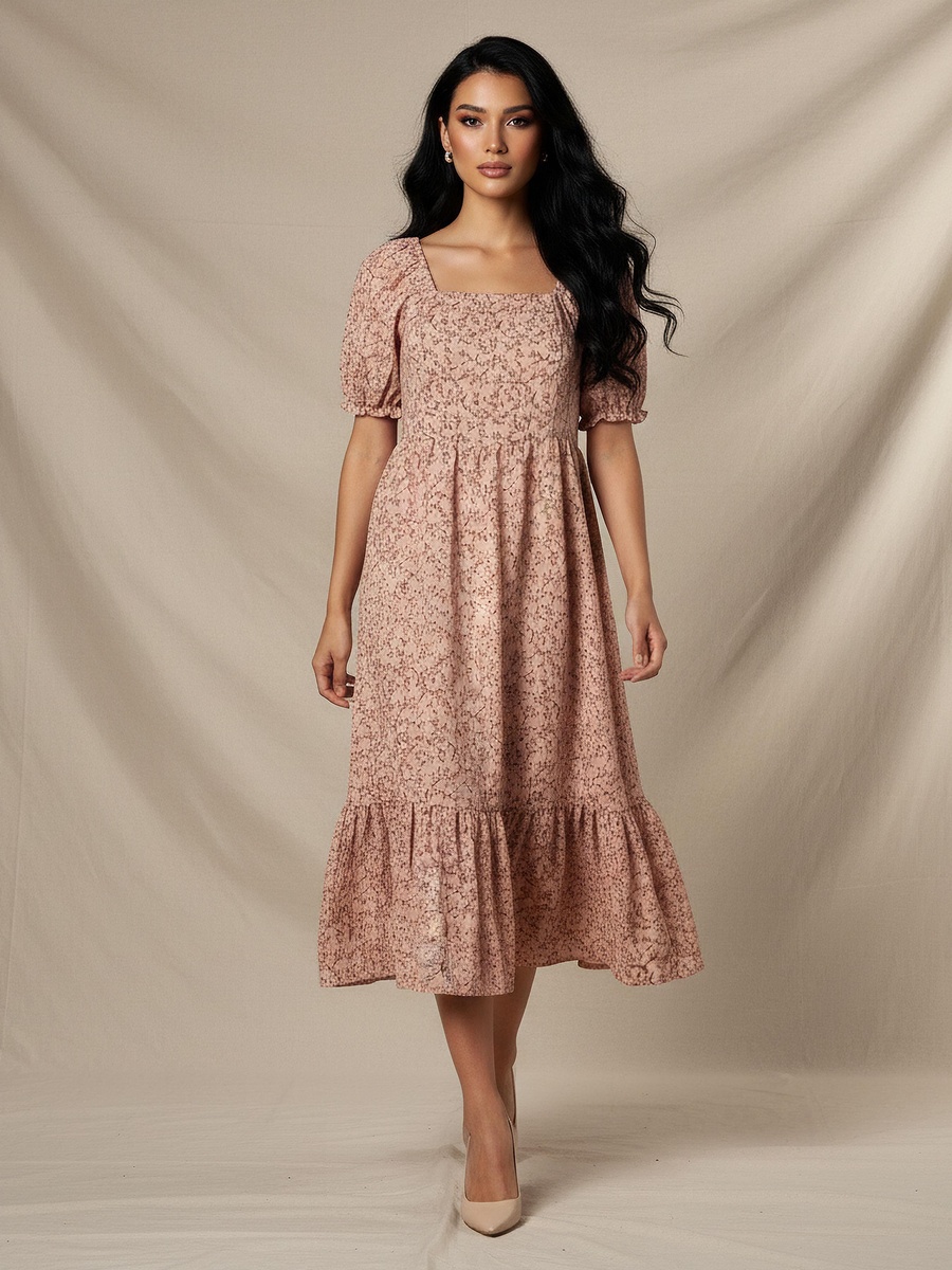 Floral Print Midi Dress with Square Neck
