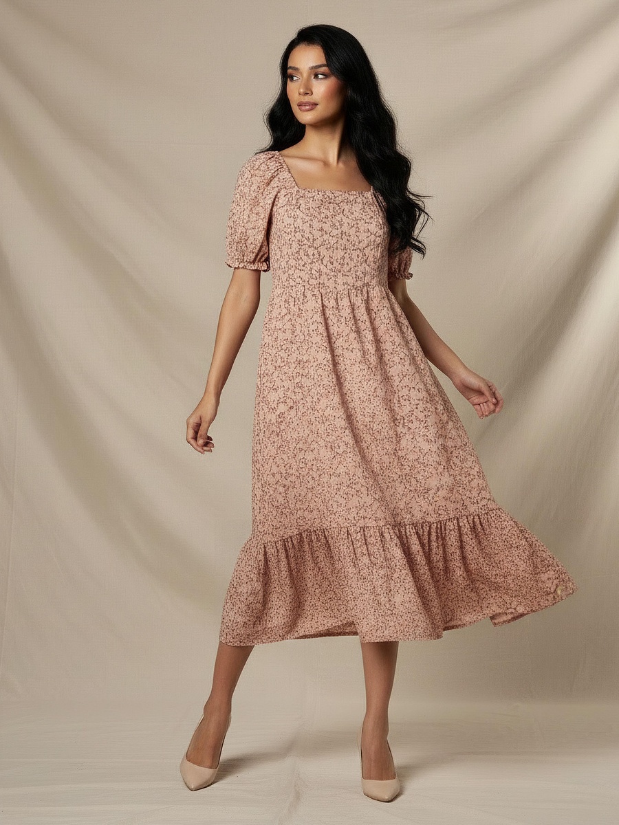 Floral Print Midi Dress with Square Neck