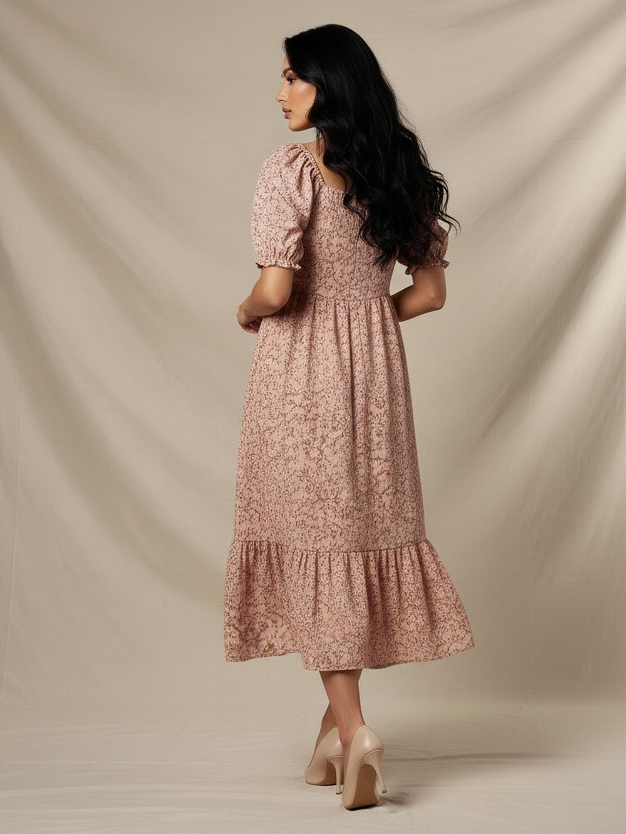 Floral Print Midi Dress with Square Neck