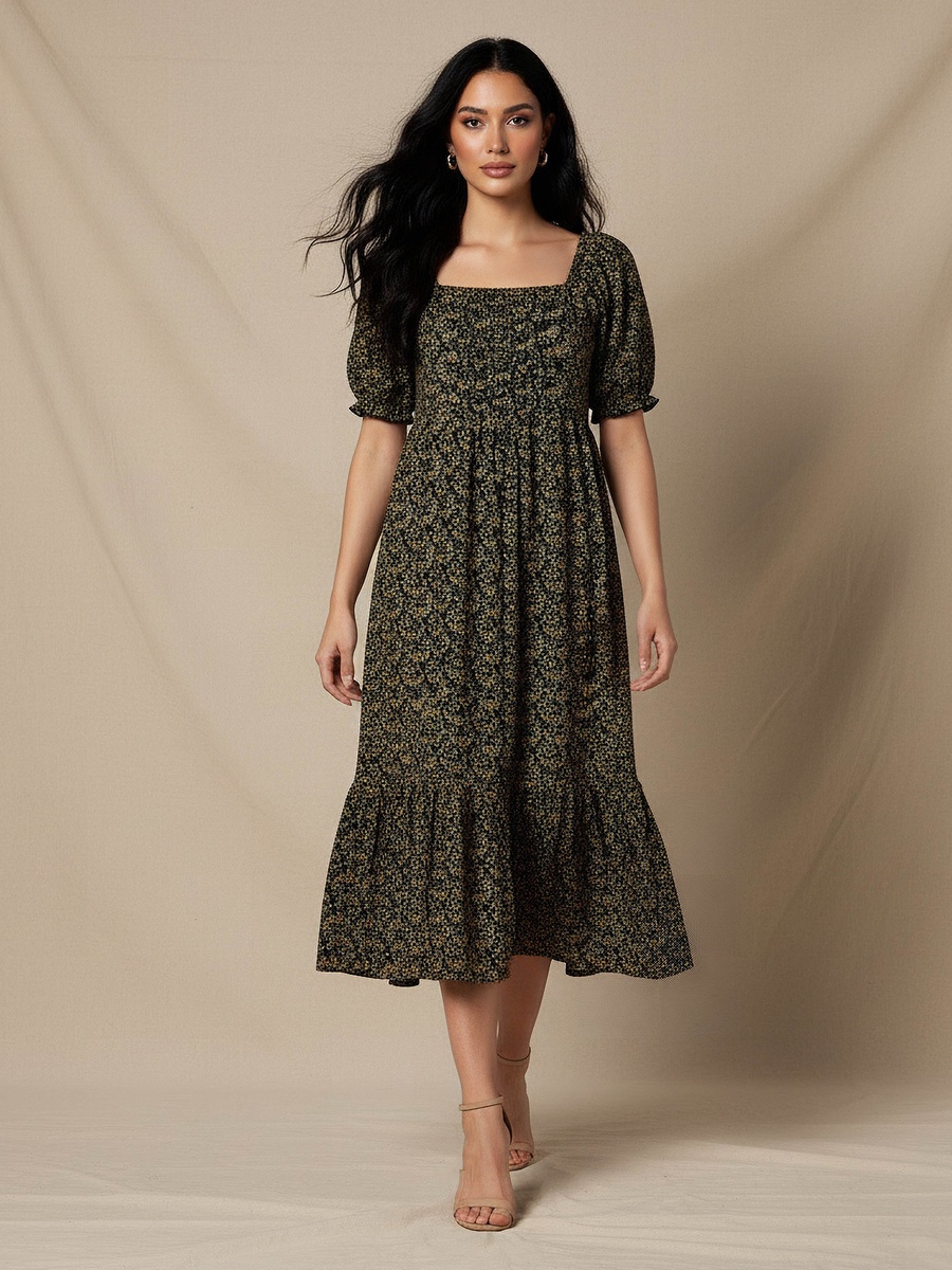 Floral Print Midi Dress with Square Neck