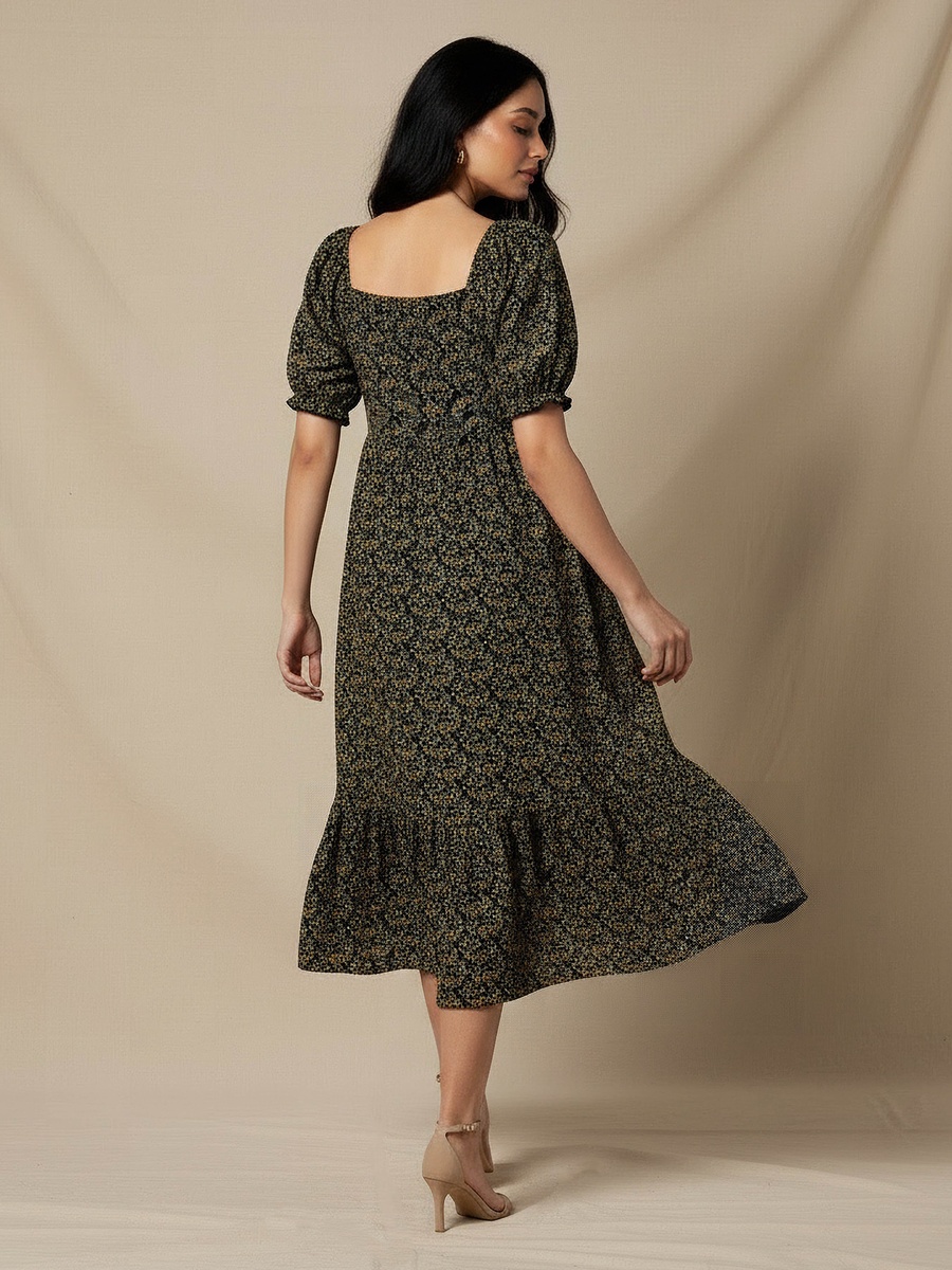 Floral Print Midi Dress with Square Neck