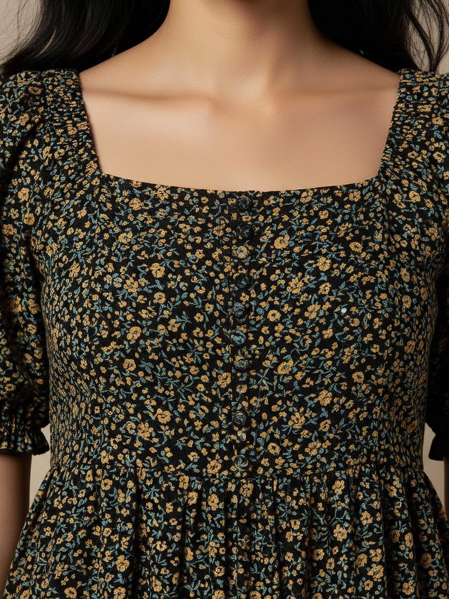 Floral Print Midi Dress with Square Neck