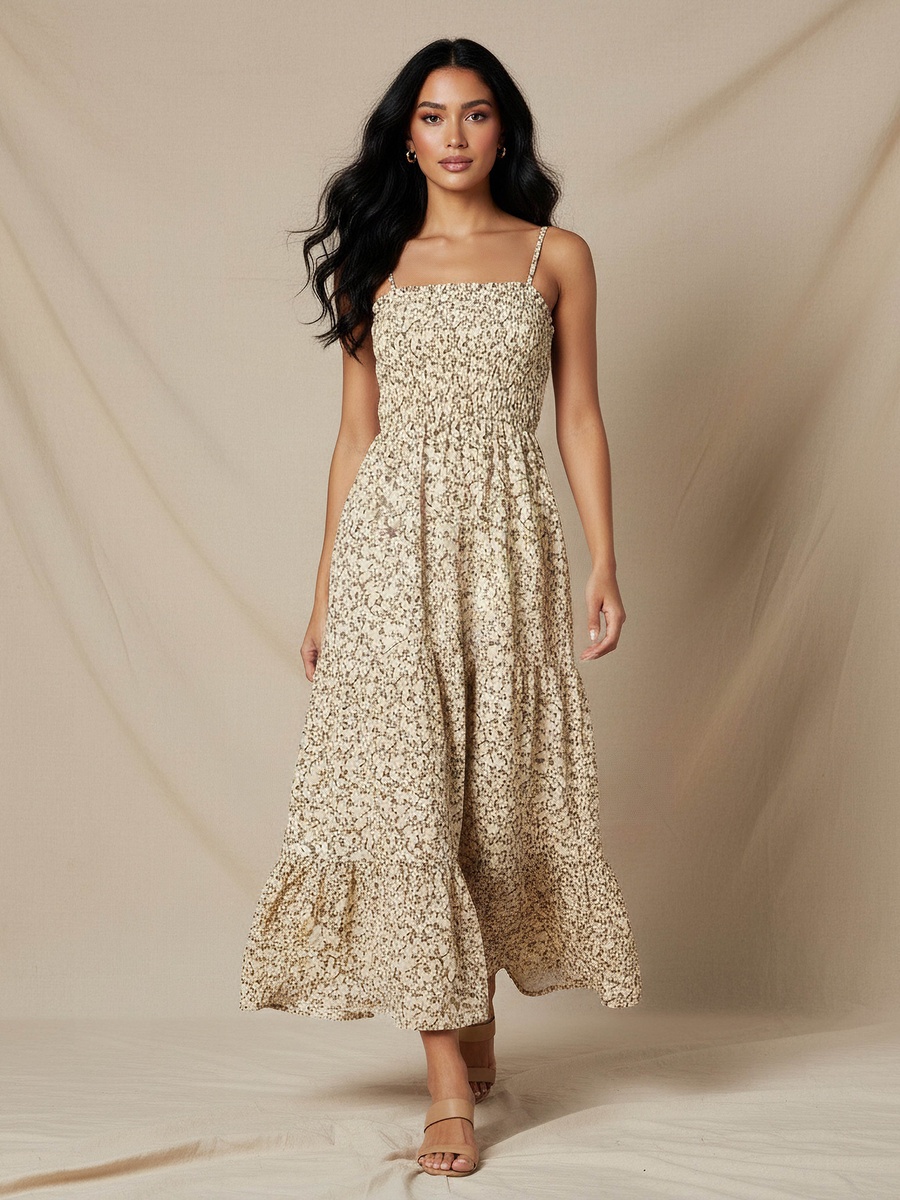 Floral Print Tiered Dress with Smocked Detail