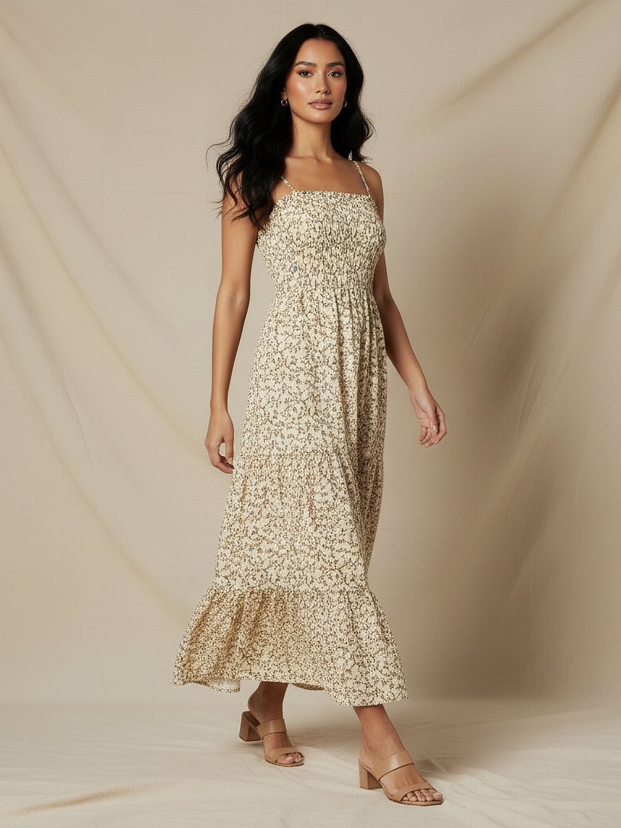 Floral Print Tiered Dress with Smocked Detail