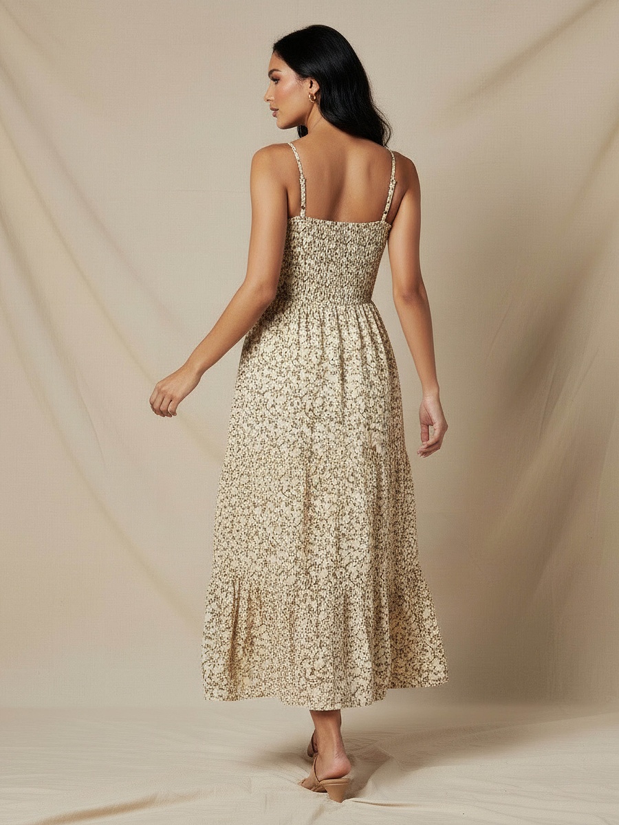 Floral Print Tiered Dress with Smocked Detail