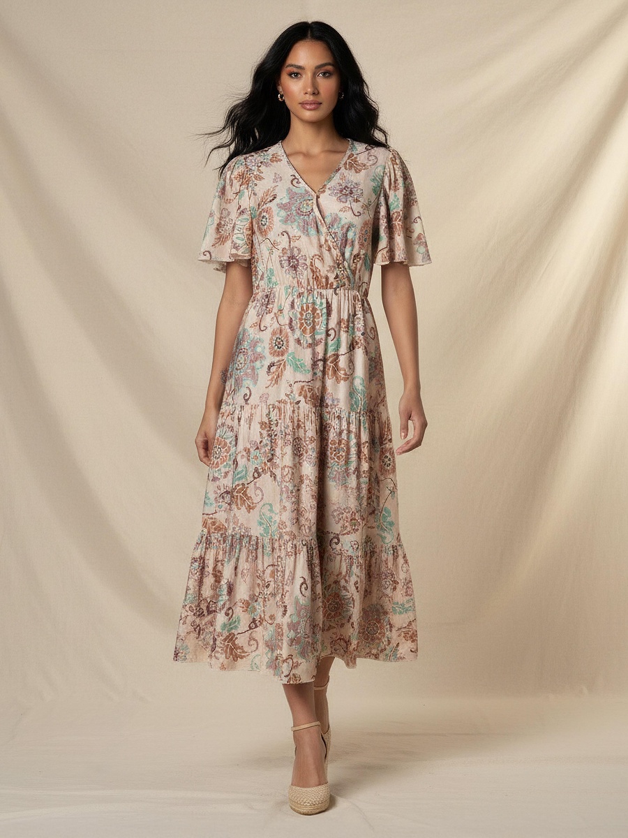 Tiered Midi Viscose Wrap Dress with Floral Print