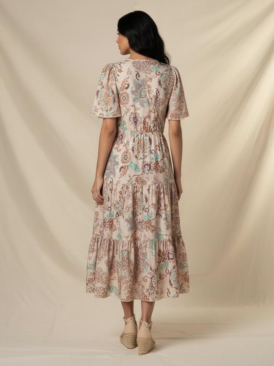 Tiered Midi Viscose Wrap Dress with Floral Print