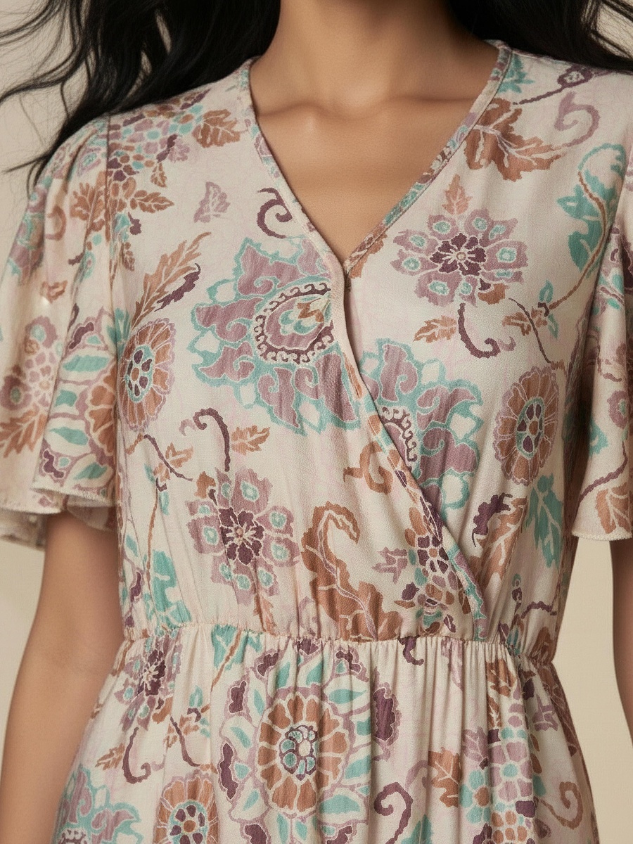 Tiered Midi Viscose Wrap Dress with Floral Print