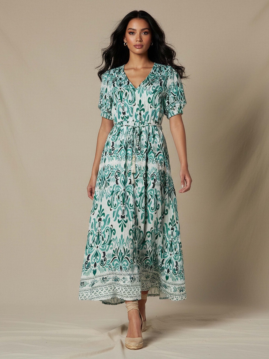 Printed Dress with V Neck