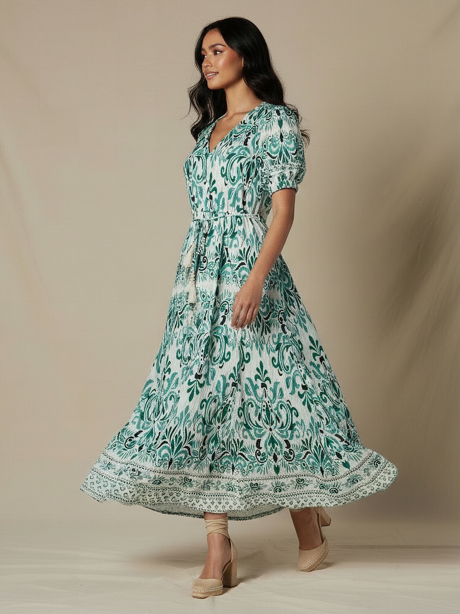 Printed Dress with V Neck