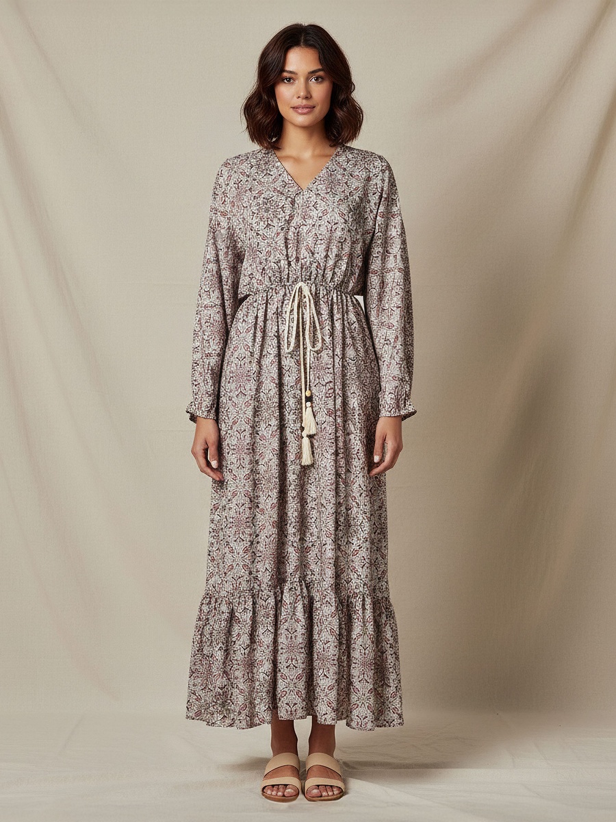 Printed Maxi Kaftan Dress with Front Tie-Up
