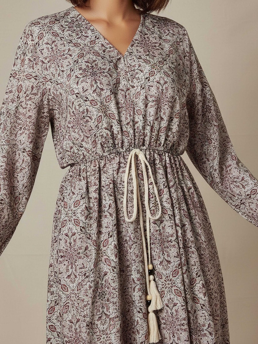Printed Maxi Kaftan Dress with Front Tie-Up