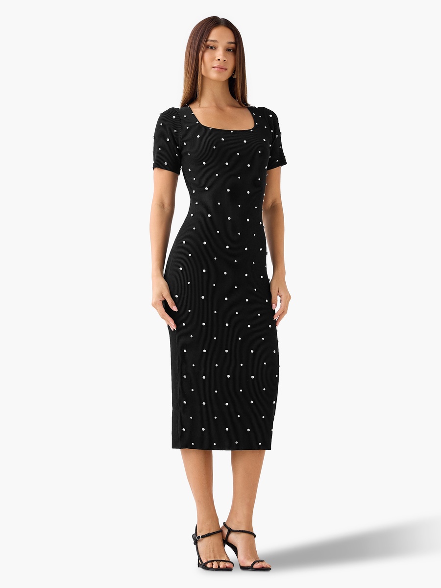 Stone Embellished Midi Knit Dress with Square Neck
