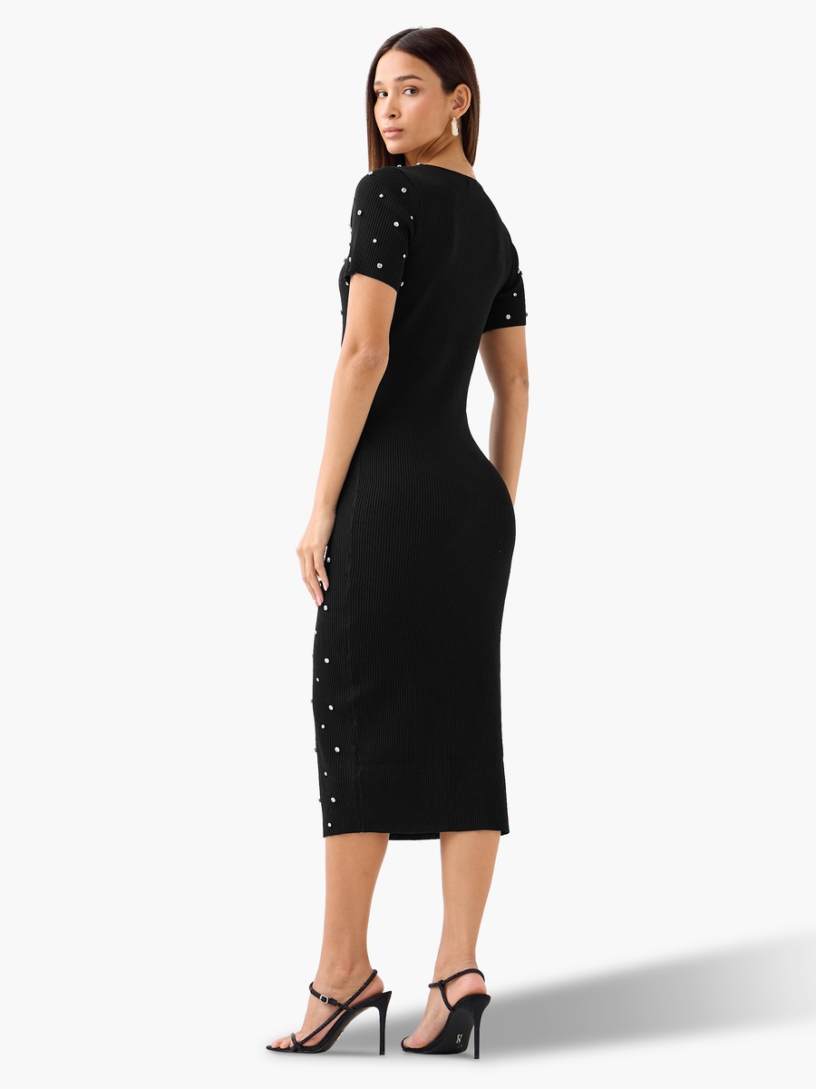Stone Embellished Midi Knit Dress with Square Neck