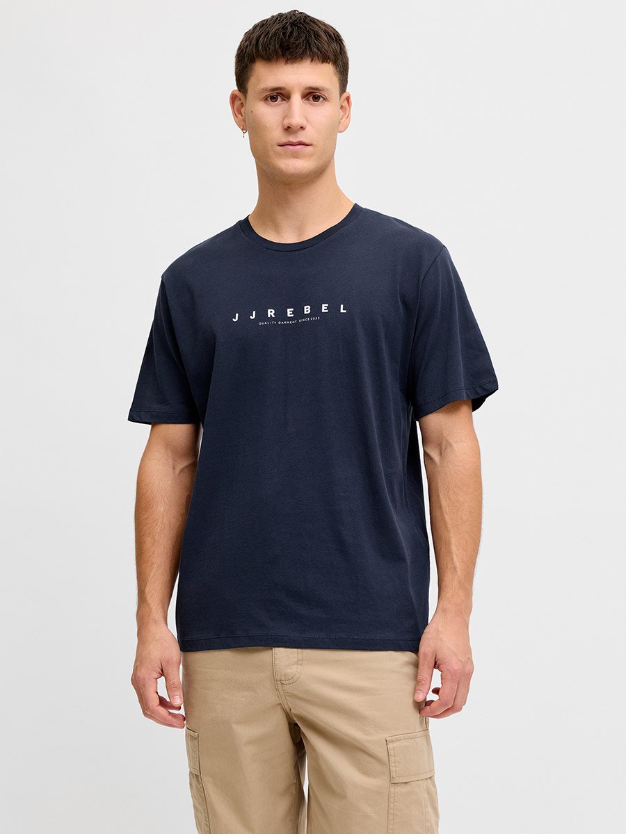 Navy Blue Slogan Print Cotton T-Shirt