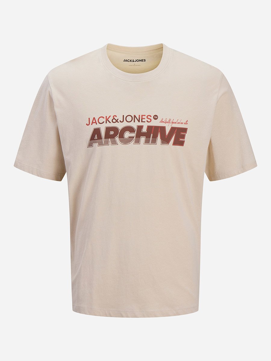 Beige Crew Neck Logo Print T-Shirt