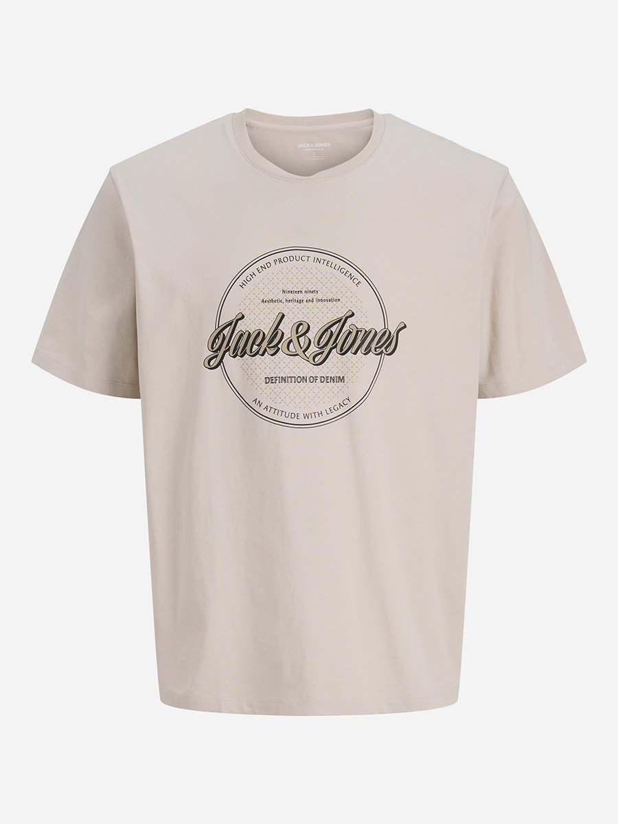 Beige Crew Neck Logo Print T-Shirt