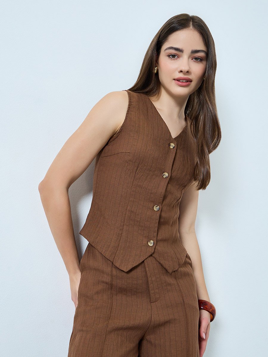Brown Linen Blend  Waistcoat