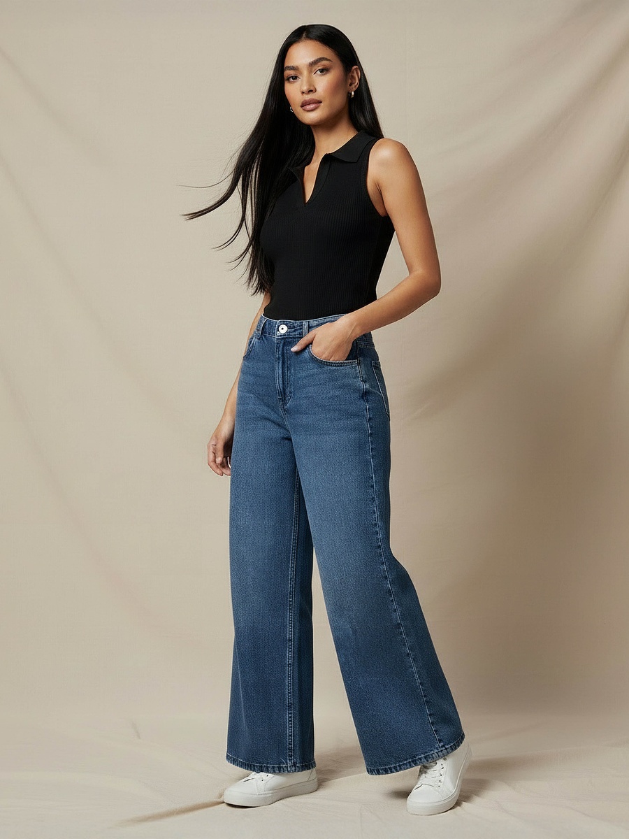 Women Wide Leg Mid-Rise Jeans