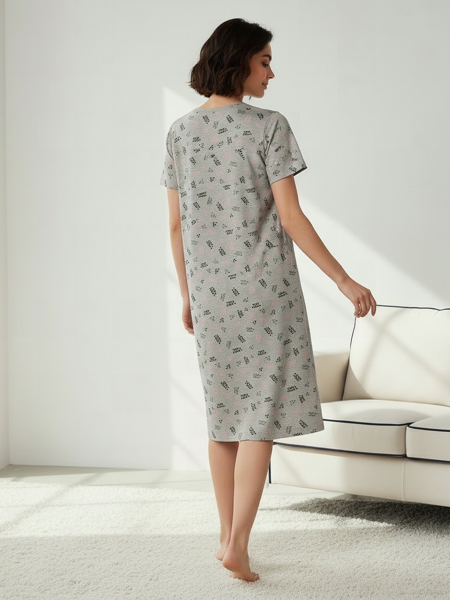 Printed Night Dress with Short Sleeves