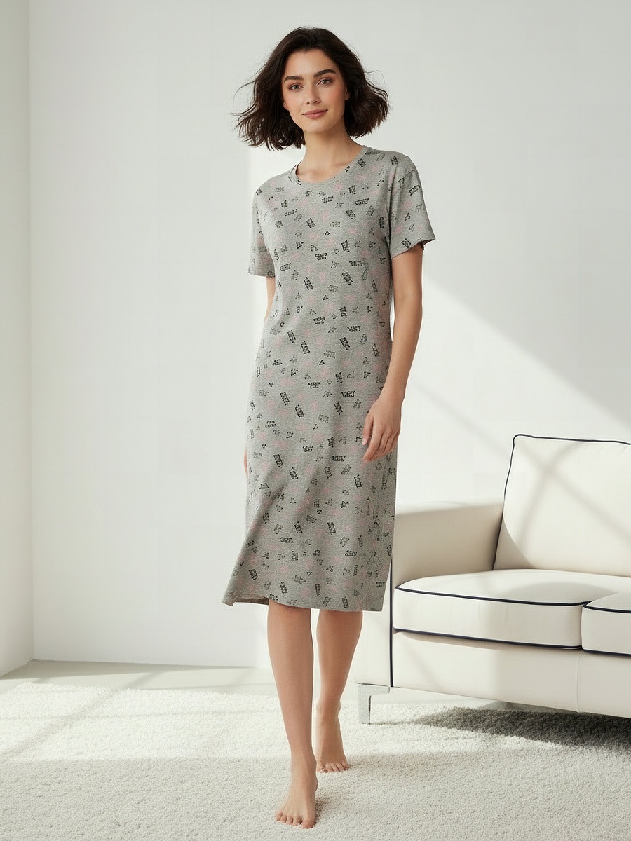 Printed Night Dress with Short Sleeves