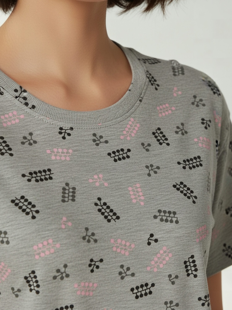 Printed Night Dress with Short Sleeves