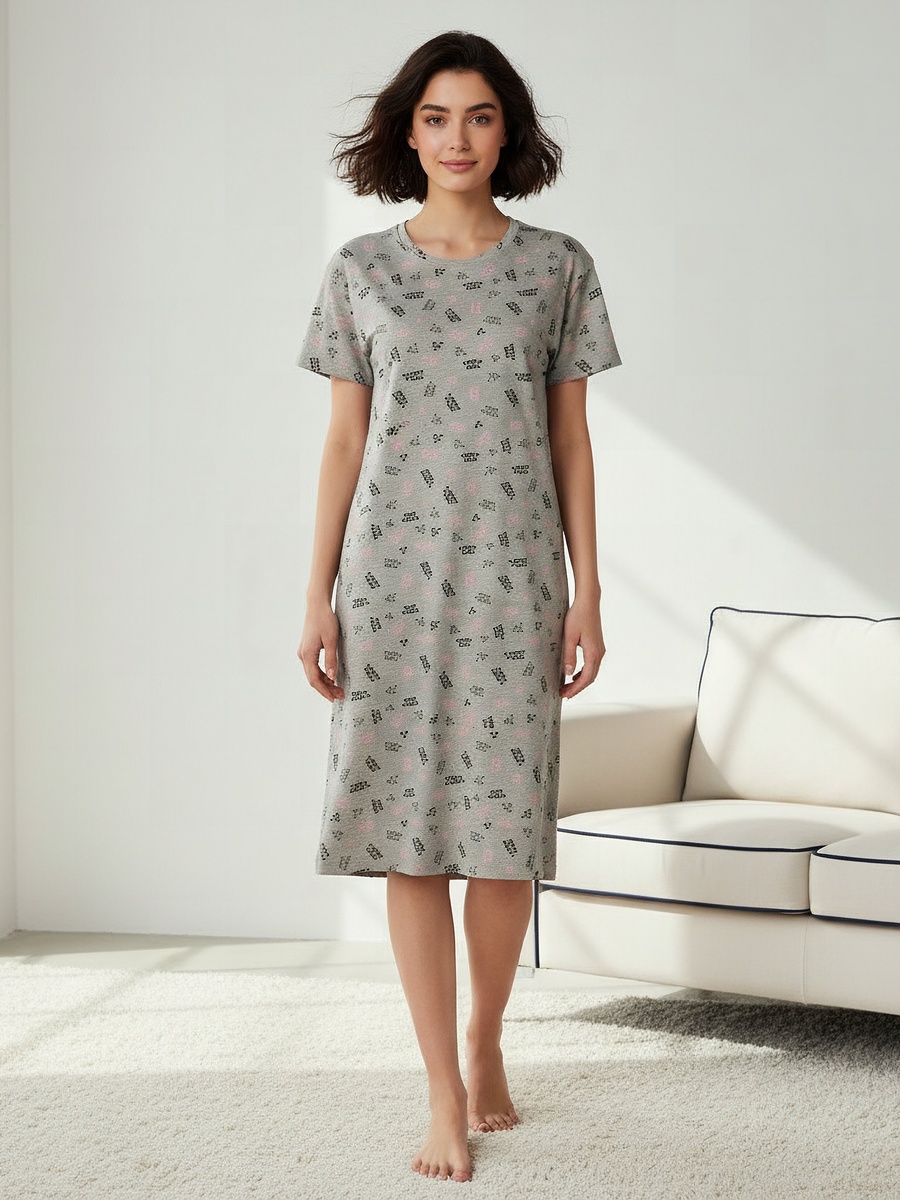 Printed Night Dress with Short Sleeves