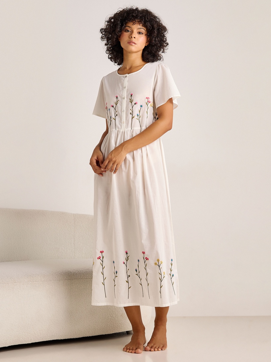 Cotton Short Sleeves Night Dress with Floral Embroidery