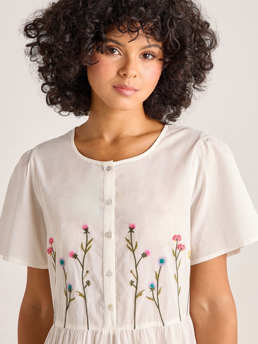 Cotton Short Sleeves Night Dress with Floral Embroidery