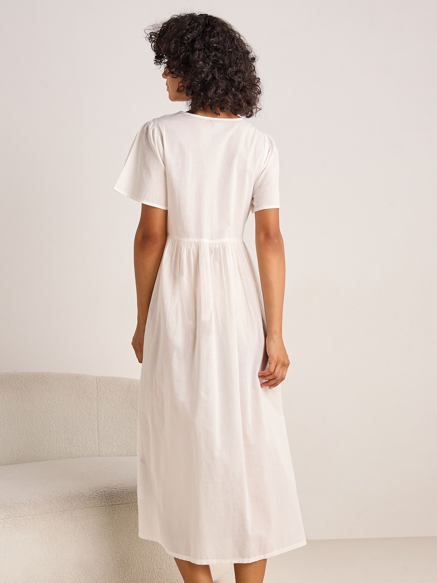 Cotton Short Sleeves Night Dress with Floral Embroidery