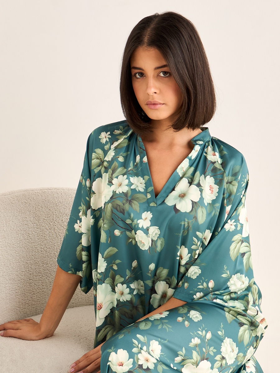 Floral Print Night Gown with 3/4 Sleeves